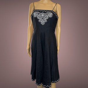 Jessica Howard|A-Line Dress|Size 8|Black White|Linen|Embroidered|Lined